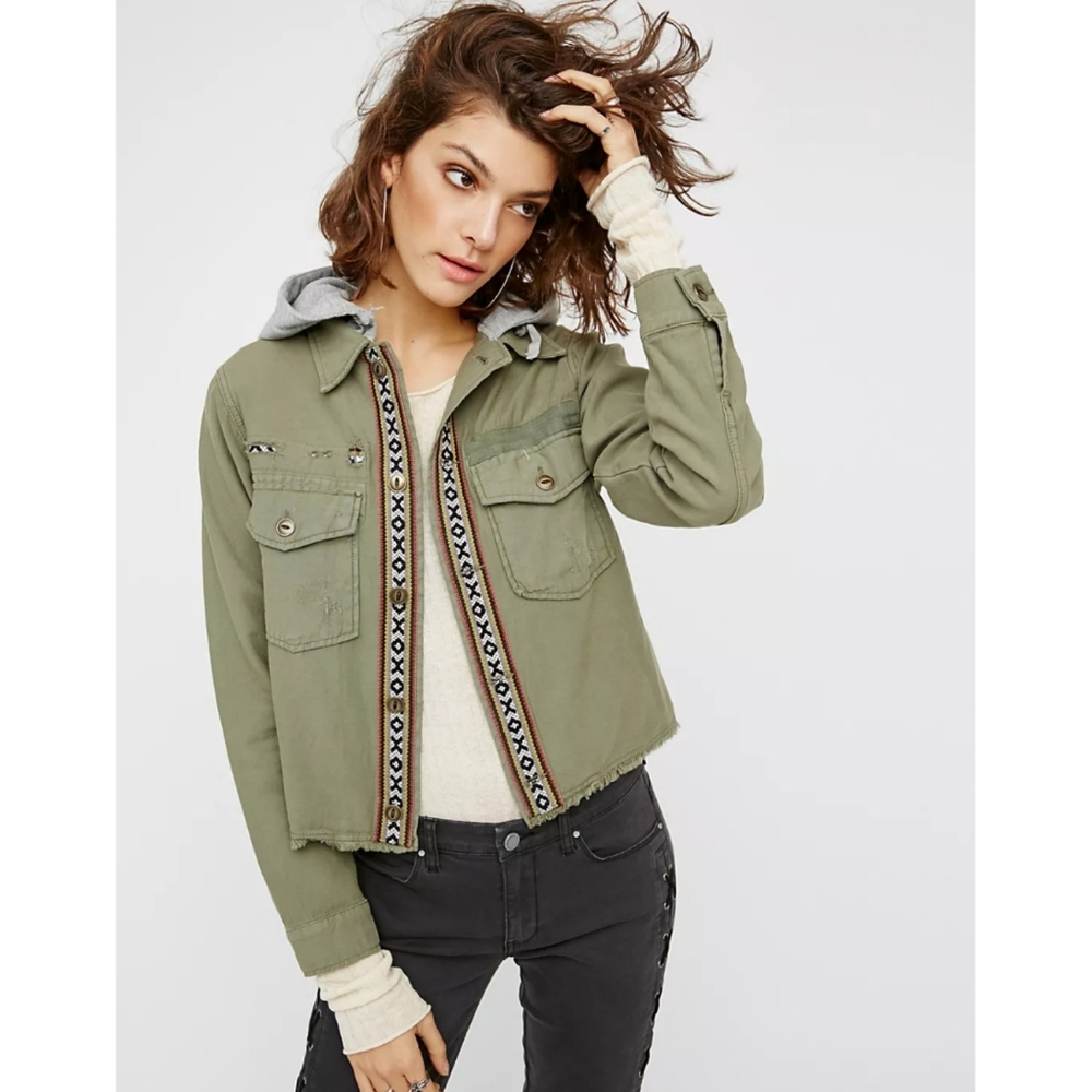 Free People Weekend Wanderer Distressed Cargo Jacket XS Boho Utility Jacket